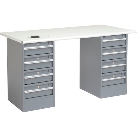 Global Industrial 72inW x 30inD Pedestal Workbench, 8 Drawers, ESD Safety Edge, Gray 607675